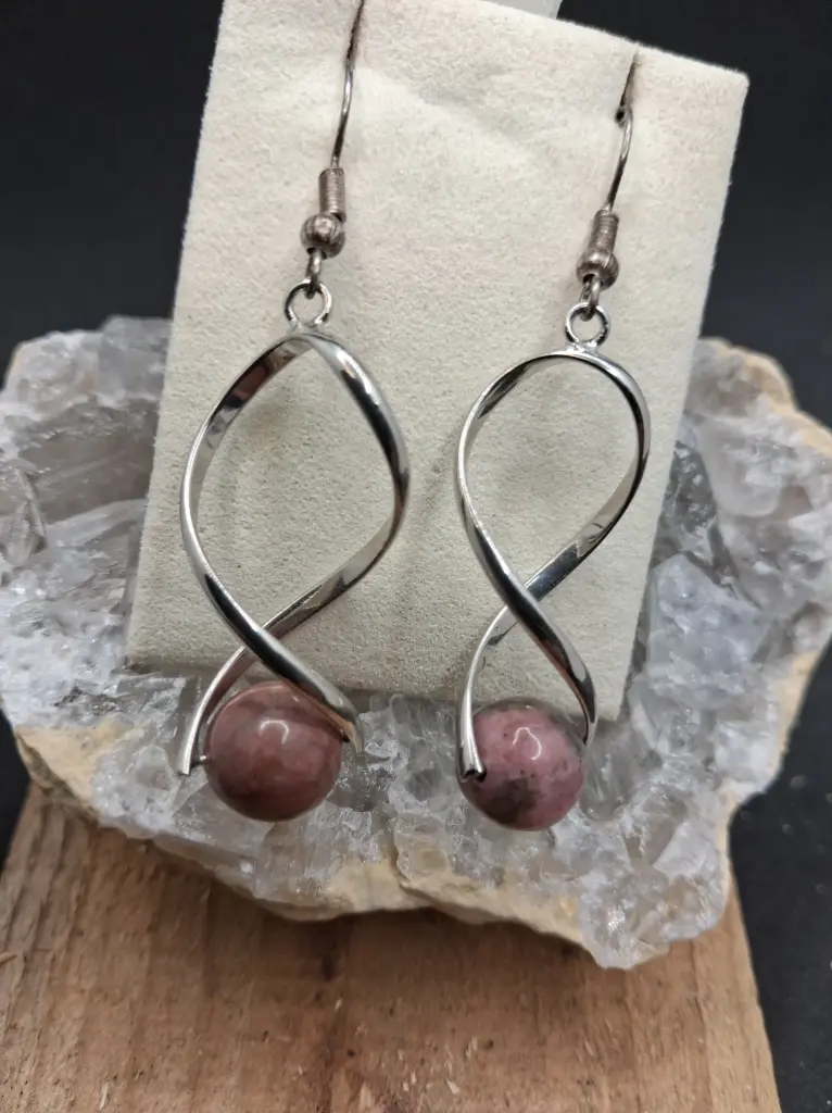 Boucles d'Oreilles en Rhodonite Torsadées