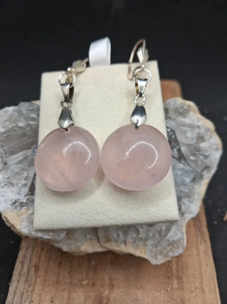 [BOU-QUARROS-RON] Boucles d'Oreilles en Quartz Rose ronde